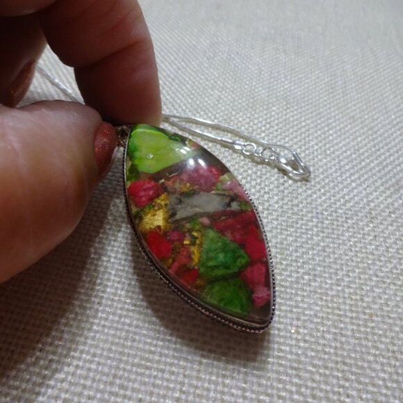 Colorful OYSTER TURQUOISE Handmade Sterling 925 Pendant/Chain #356C - Picture 2 of 3